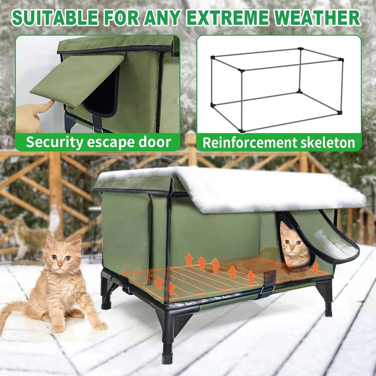 Outdoor Heated Cat House for Winter β Waterproof Shelter with Rainproof Eaves, Built-In Heating Pad & Dual Escape Doors β Ideal for Feral & Stray Cats