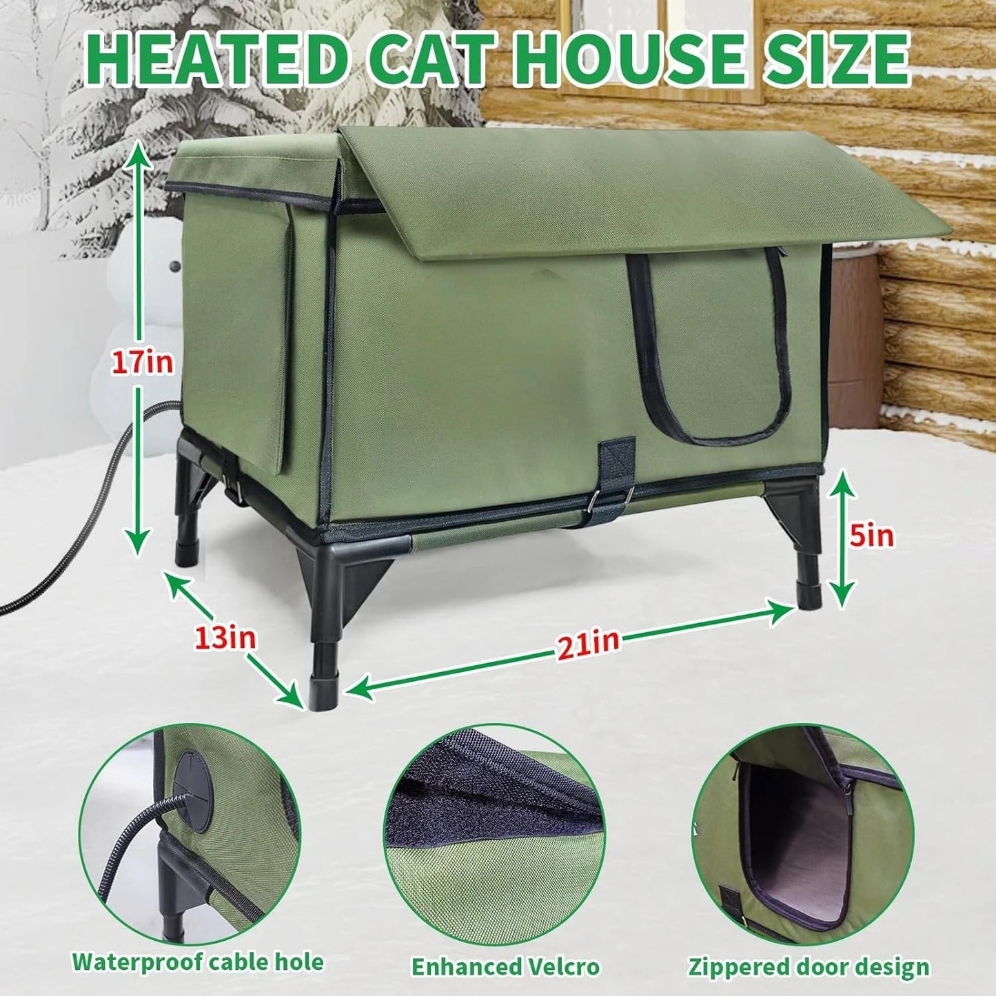 Outdoor Heated Cat House for Winter β Waterproof Shelter with Rainproof Eaves, Built-In Heating Pad & Dual Escape Doors β Ideal for Feral & Stray Cats