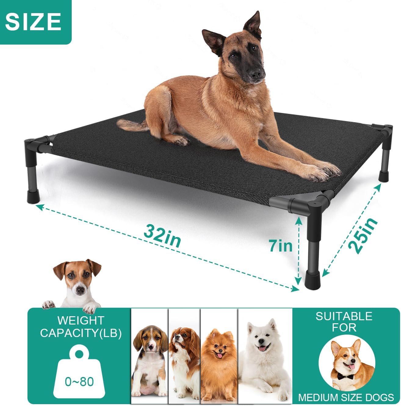 Medium Elevated Dog Bed (32x25x8in) β Raised Outdoor Pet Cot with Waterproof Frame, Breathable Mesh & Non-Slip Feet β Supports Up to 80 lbs β Black