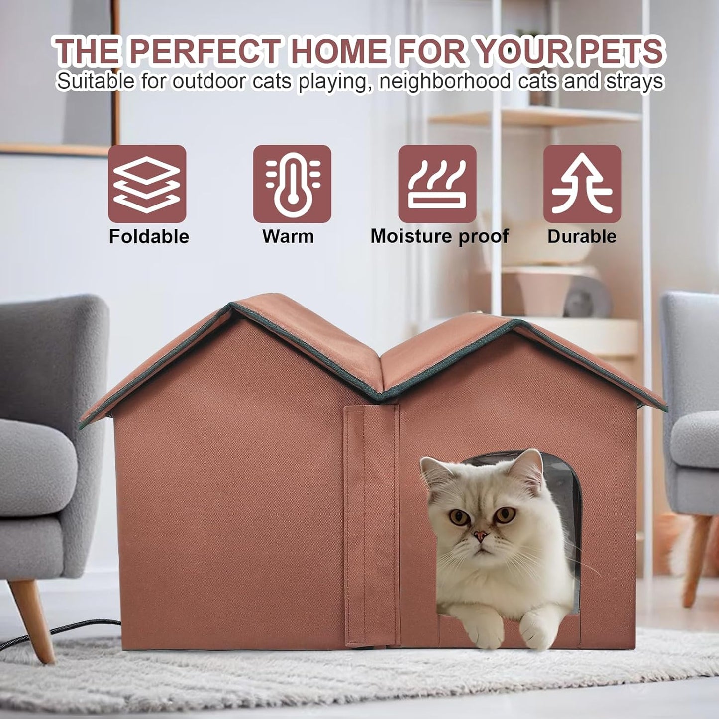 Large Heated Cat House β All-Season Indoor/Outdoor Shelter with Smart Thermostat, Dual Rooms, Removable Heating Pad & Foldable Design