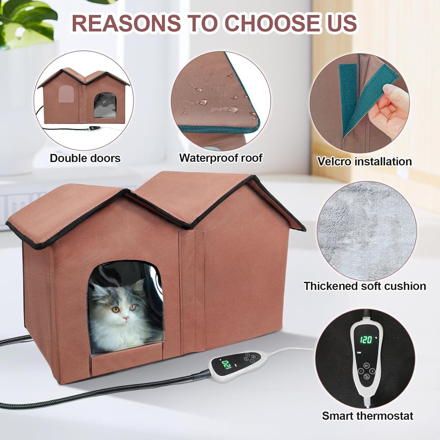 Large Heated Cat House β All-Season Indoor/Outdoor Shelter with Smart Thermostat, Dual Rooms, Removable Heating Pad & Foldable Design