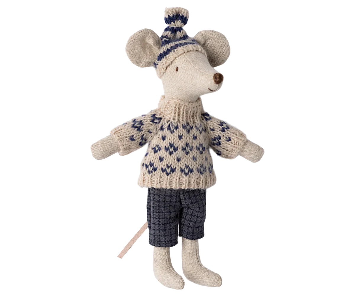 Maileg Winter Mouse with Ski Set Dad - Blue